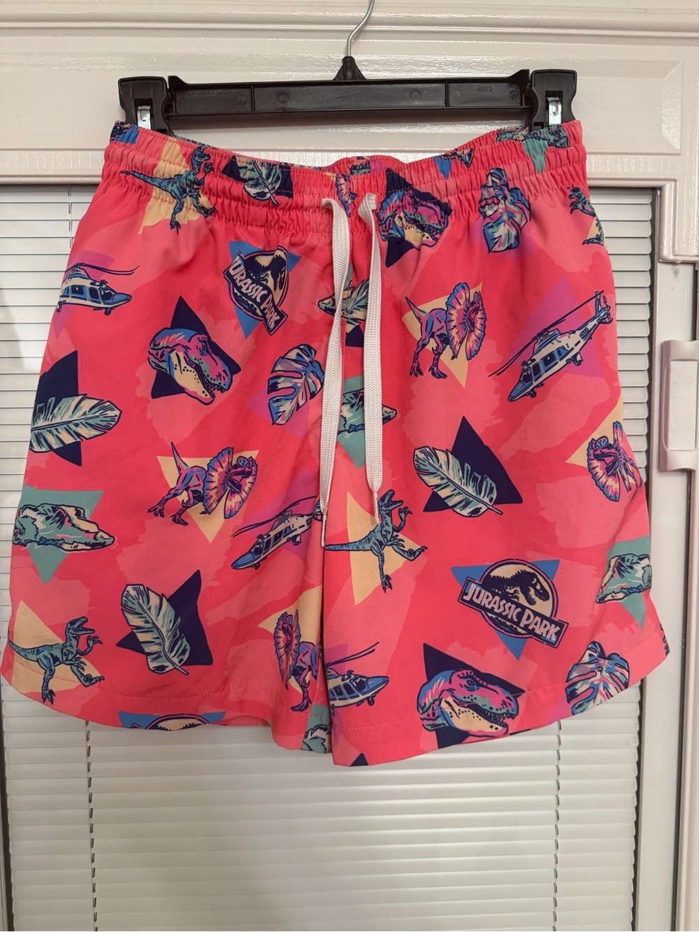 chubbies Pink Jurassic Park Swim Trunks with Multicolor Dino Print